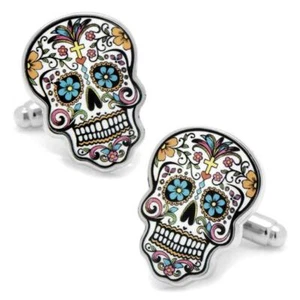 SUGAR SKULL CUFFLINKS Day of the Dead Color Skeleton w GIFT BAG Wedding Groom - Picture 1 of 5