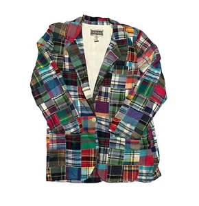 VTG Union Khaki Womens Blazer Jacket Madras Plaid Patchwork Cotton Preppy M READ - Picture 1 of 14