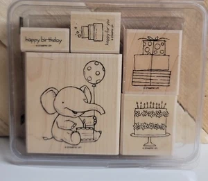 Juego de 5 velas de pastel de elefante de feliz cumpleaños Stampin' Up bloque de madera estampilla de goma - Imagen 1 de 3