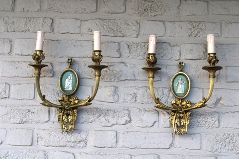 PAIR antique bronze french WEDGWOOD porcelain medaillon Wall lights sconces rare Cover