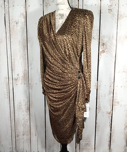 NWT Vtg 80s Leopard Print Draped Dress Misses Sz 16 Faux Wrapped Ruched Mob Wife - Picture 1 of 16