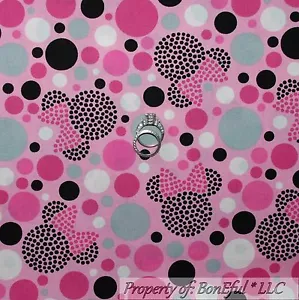 BonEful Fabric FQ Cotton Quilt Pink Black White B&W Dot Minnie Mouse Disney Girl - Picture 1 of 12