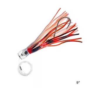 9" Red White Fishing cup Trolling Skirt rigged Lure Resin Head Marlin Wahoo Tuna - Picture 1 of 5