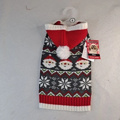 Simply Dog Christmas Sweater Size S Pom Pom Hooded Santa Claus Red/Gray - Image 1 of 4