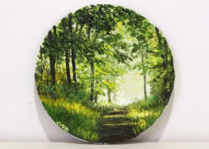Waldweg Original Ölgemälde rund Ø7 Sonnenlicht Landschaft Wald Szene Kunst - Bild 1 von 14