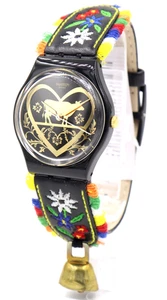 Neu Swiss Swatch DIE GLOCKE schwarze Stickerei Leder Damenuhr 34mm GB285 - Bild 1 von 5