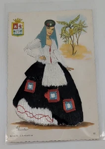 Lady in Silk Embroidered Black Dress Gran Canaria Signed Madrid Spain Postcard - Picture 1 of 4