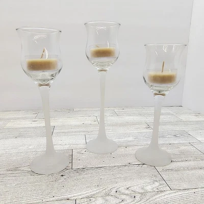 Trio Glass Candle Holders Tulip Shaped Frosted Stem Set Centerpiece Minimalist - Image 1 of 4