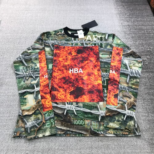 HBA (HOOD BY AIR) Camicia Hood By Air uomo piccola mimetica logo fuoco fiamma manica lunga street wear casual