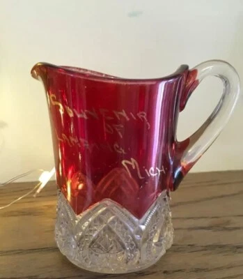 Ruby Red Flash Glass Creamer EAPG "souvenir of Lansing Mich" Antique - Image 1 of 4