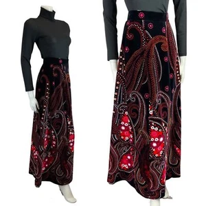 VINTAGE 60s 70s BLACK RED WHITE DOTTY DAISY PAISLEY VELVET MAXI SKIRT 4 - Picture 1 of 7