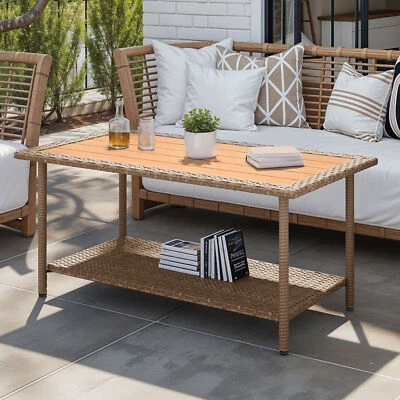 39" Patio Coffee Table with 2-Layer Shelf Wicker Waterproof Wood Indoor &Outdoor - Image 1 of 4