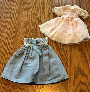 2 Pc. Lot Vintage Doll Clothes Pink & White Nylon & Blue Cotton Dresses - Picture 1 of 4