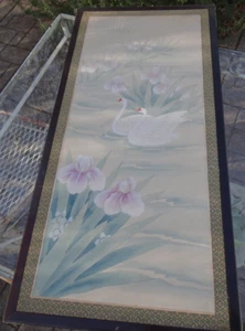 Pantalla japonesa vintage pintada a mano panel de pared pájaros cisne arte original 35" x 17 - Imagen 1 de 11
