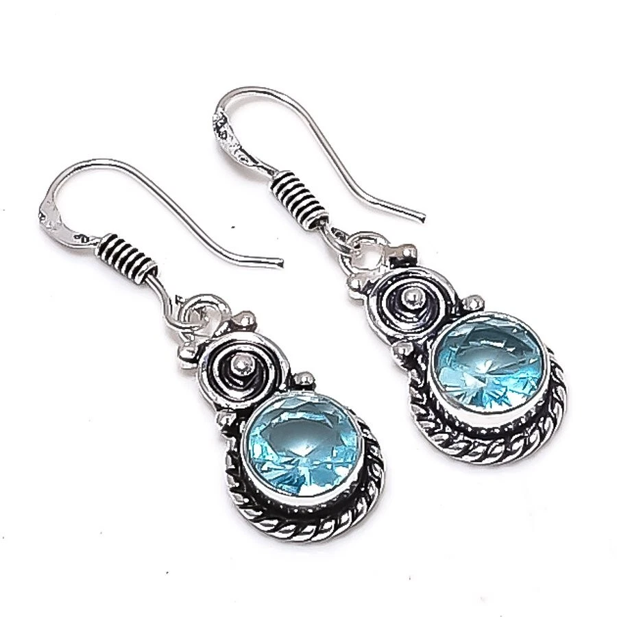 Aqua Aquamarine Gemstone Handmade 925 Sterling Silver Jewelry Earring Size 1.4" - Image 1 of 1