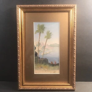 Antike orientalische Malerei/Aquarell/signiert HAL/Palmen/Küstenszene/USA, UM 1960 - Bild 1 von 11
