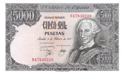 Spain *5,000  Pesetas  6.2.1976  Series  9A Replacement  Circulated Banknote Q21 - Image 1 of 2