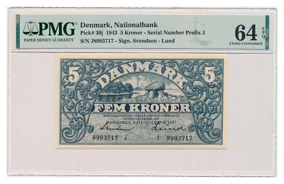 DENMARK banknote 5 Kroner 1943 PMG MS 64 EPQ Choice Uncirculated - Image 1 of 4