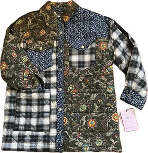 Avec Les Filles Coat Patchwork Jacket Plaid Paisley Floral Women's L Green Navy - Picture 1 of 13