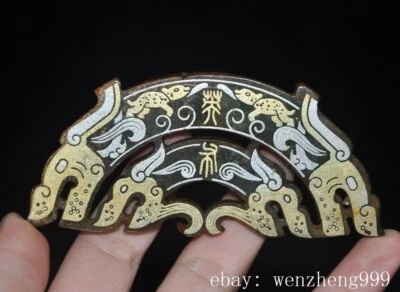 3.8" Dinastía Han Hetian Jade Plateado Dorado Tallado Dragón Largo Jade Bi Estatua Foto 1 de 4