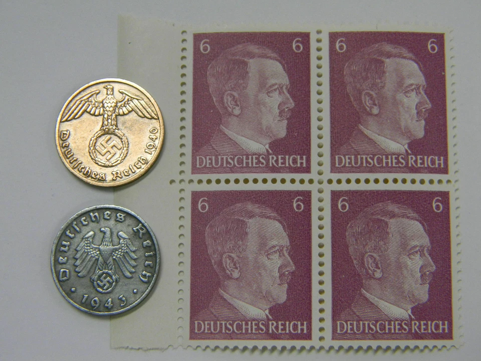 WW2 NAZI Germany 1 Reichspfennig SWASTIKA Coin & Hitler Stamp LOT - Image 1 of 1