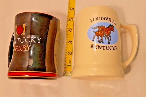Kentucky Derby Louisville Coffee Mugs Set 2 Large Steins Vintage Run for Roses Cover