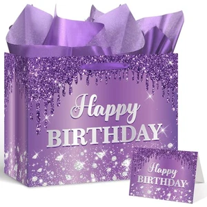 Large Purple and Silver Happy Birthday Gift Bag for Women Girls with Wrapping... - Picture 1 of 7