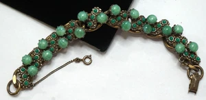 VINTAGE LINK BRACELET JADE GREEN CABOCHONS JEWELRY SAFETY CHAIN 7in - Picture 1 of 6