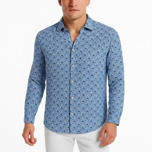 J.McLaughlin 100% Linen Button-Down Shirt – Blue Fan Print – Size M Men's - Picture 1 of 11