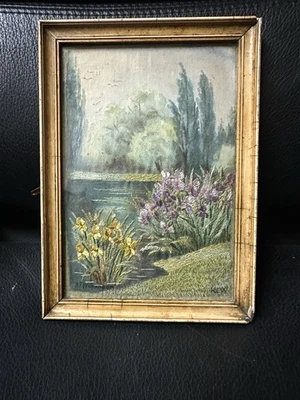 Vintage Hand Embroidered Silk Lake Scene • Irises • Signed A. Wilkinson  - Image 1 of 4