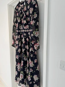 Hobbs Helena Navy Silk Floral Midi Dress Size 14 - Picture 1 of 3