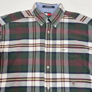 Vintage Tommy Hilfiger Shirt Men's Medium Green Plaid Crest 90s Y2K Long Sleeve - Picture 1 of 13