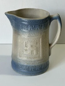 Good Luck Swirling Logs Antique Stoneware Pottery Pitcher Blue White Embossed - Picture 1 of 8
