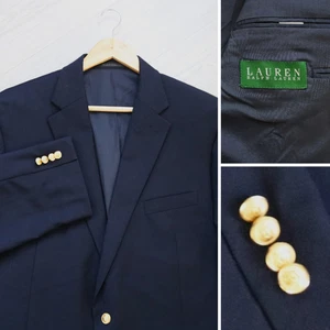 Lauren Ralph Lauren Blazer Uomo 44L LUNGO Navy 100% Lana BOTTONE ORO Cappotto Sportivo - Foto 1 di 7