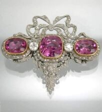 3Ct Cushion Lab Created Pink Sapphire 3 Stone Brooch 14KWhite Gold Silver Plated