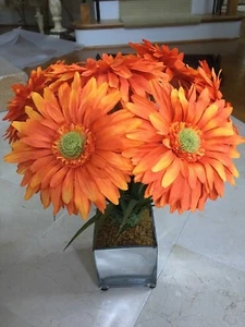 Orange Gerber Daisy Faux Floral Topiary Mirrored Glass Vase From Tree Master - Picture 1 of 12