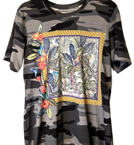 Johnny Was Pima Top Tee Women's Small SS Camo Floral Tiger Jungle Scarf Graphic - Picture 1 of 12