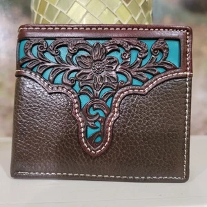 Western Mens wallet Western GENUINE LEATHER Short Lasercut Layered Coffee & Teal - Picture 1 of 6