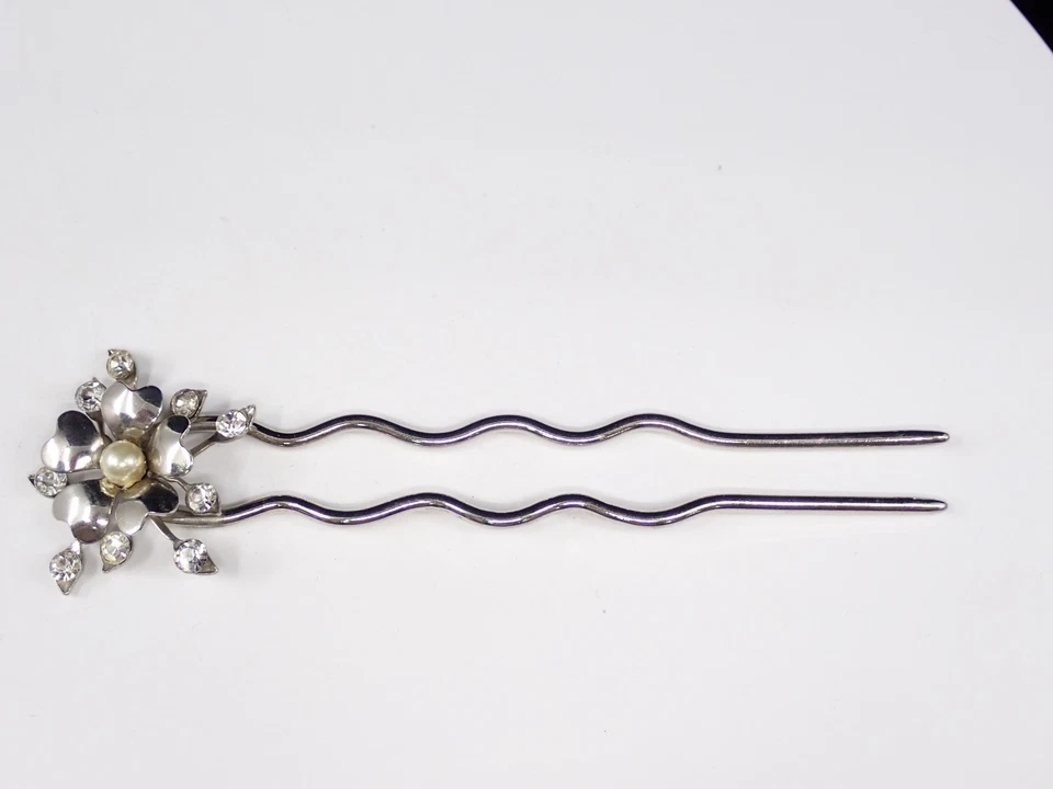 Vintage Silver Tone Floral Hair Fork with Rhinestones & Faux pearl Center - Image 1 of 4