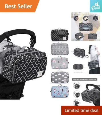 Elegante mini organizador de cochecito negro con bolsillo para limpiar y portavasos aislante Foto 1 de 4