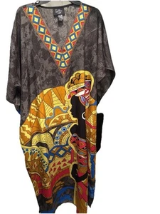 Caftans By Winlar V Neck Flowy Whimsical Kaftan Black Goddess Print Resort Vaca - Picture 1 of 6