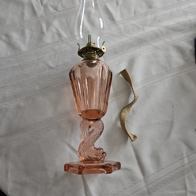 Westmoreland Pink glass oil lamp- dolphin base, wick good cond. and works - Image 1 of 4
