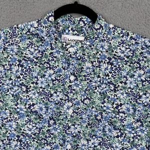 Luxire Shirt Mens Large Blue Green Floral Button Up Short Sleeve Cotton Collared - Picture 1 of 8