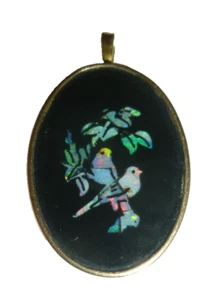 Vintage PIETRI DURA BIRD MOSAIC PENDANT 14K GOLD 585 2.5g Onyx - Picture 1 of 6