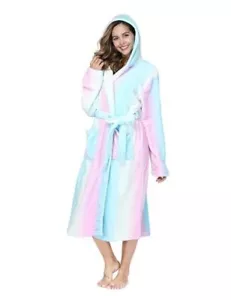 Womens Robes Plush Fleece Hooded Bathrobe Thick Nightgown with X-Large Rainbow - Picture 1 of 7