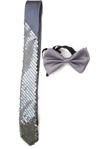 Tuxedo Gray Pre-Tied Strap Bow Tie&Matching 2" Silver Gray Sequin Necktie-New! - Picture 1 of 1