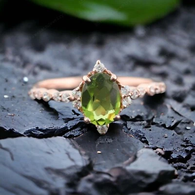 9k Solid Gold 8x6MM Oval Shape Natural Peridot Ring Cubic Zirconia Ring - Image 1 of 4