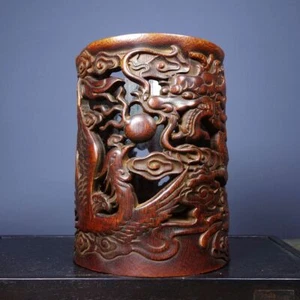 6.3" Collection China Bamboo Carving Dragon Phoenix Cloud Hollow Out Brush Pot - Picture 1 of 9