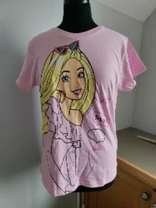 Girls Short Sleeve Barbie Graphic T-Shirt Pastel Pink Fashion Glitter L 14/16 - Picture 1 of 8