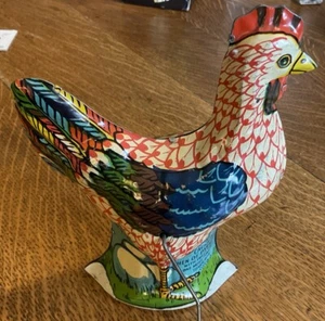 Litografía de hojalata vintage de los años 40 cuerda cacareando gallina del paraíso 7 1/2" - Imagen 1 de 8